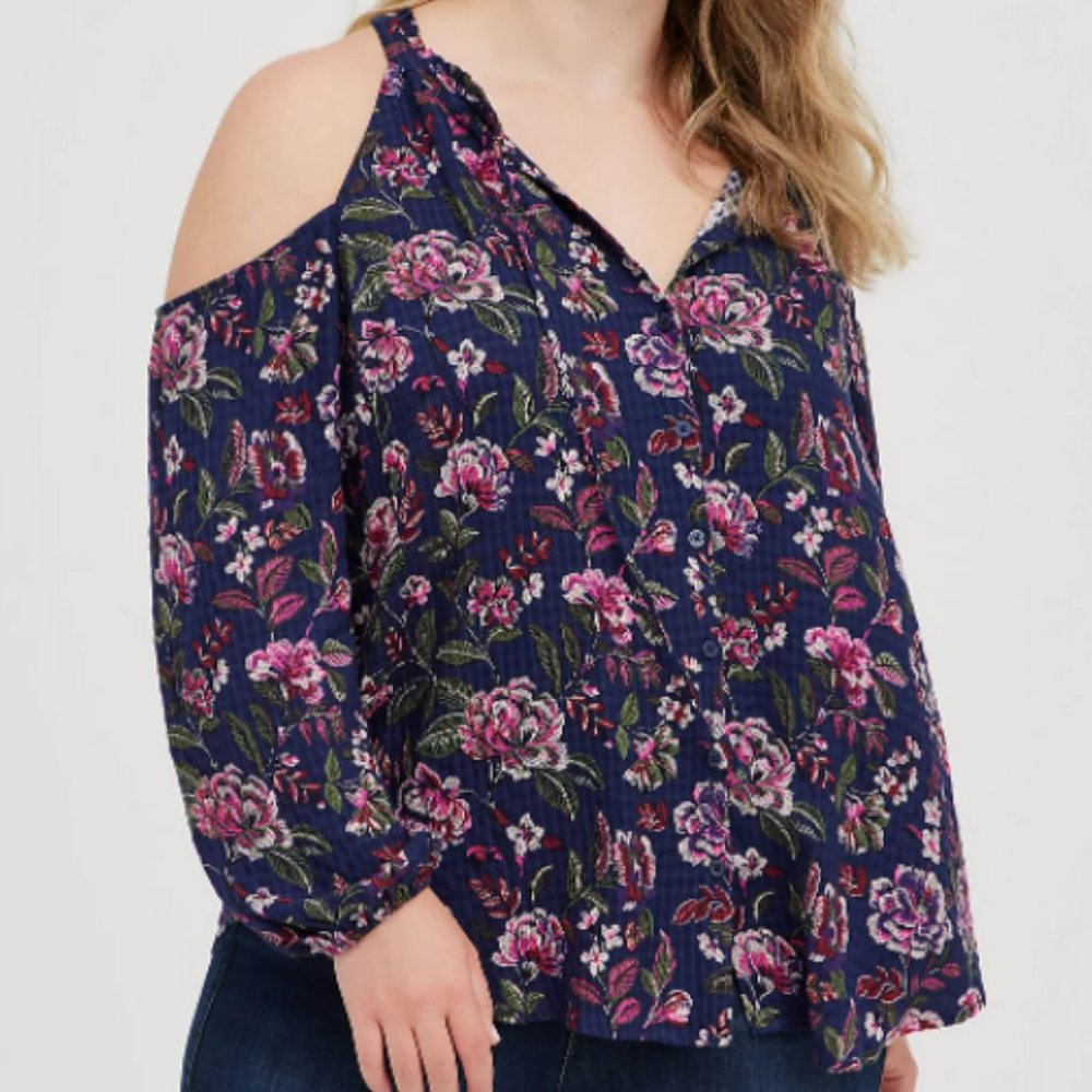 Torrid COLD SHOULDER BLOUSE - CRINKLE GAUZE FLORAL NAVY